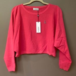 NWT, Molly bracken, coral color sweater w muted rhinestone ‘L’